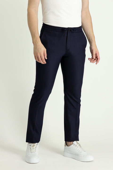 Koyu Lacivert 6 Drop Regular Fit Standart Kesim Beli Lastikli İpli Desenli Likralı Klasik Kumaş Pantolon