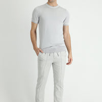 Açık Gri 7 Drop Slim Fit Dar Kesim Beli Lastikli İpli Desenli Keten Karışımlı Kumaş Pantolon
