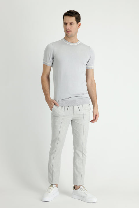 Açık Gri 7 Drop Slim Fit Dar Kesim Beli Lastikli İpli Desenli Keten Karışımlı Kumaş Pantolon