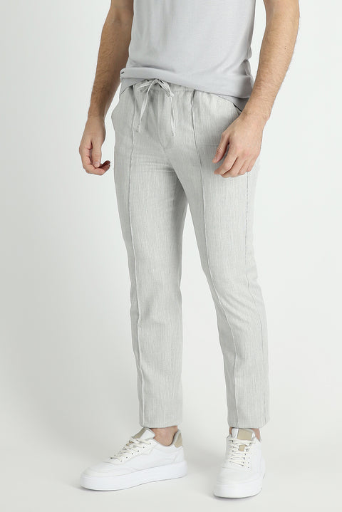 Açık Gri 7 Drop Slim Fit Dar Kesim Beli Lastikli İpli Desenli Keten Karışımlı Kumaş Pantolon