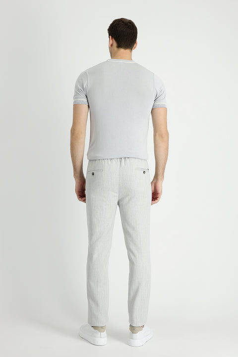 Açık Gri 7 Drop Slim Fit Dar Kesim Beli Lastikli İpli Desenli Keten Karışımlı Kumaş Pantolon