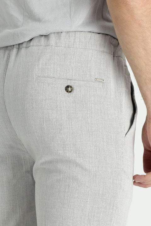 Açık Gri 7 Drop Slim Fit Dar Kesim Beli Lastikli İpli Desenli Keten Karışımlı Kumaş Pantolon