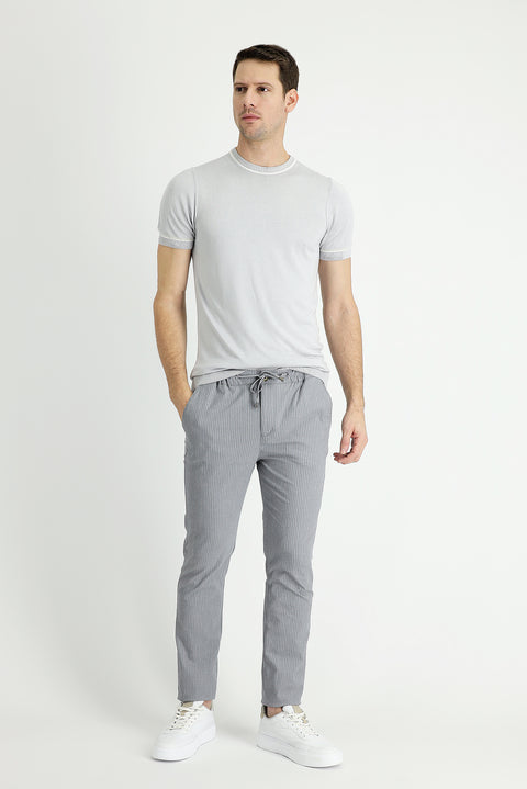 Medium Grey 7 Drop Slim Fit Narrow Cut Elastic Waist Drawstring Striped Lycra Classic Fabric Trousers
