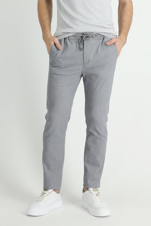 Medium Grey 7 Drop Slim Fit Narrow Cut Elastic Waist Drawstring Striped Lycra Classic Fabric Trousers