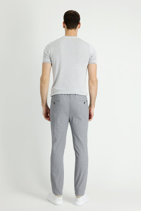 Medium Grey 7 Drop Slim Fit Narrow Cut Elastic Waist Drawstring Striped Lycra Classic Fabric Trousers