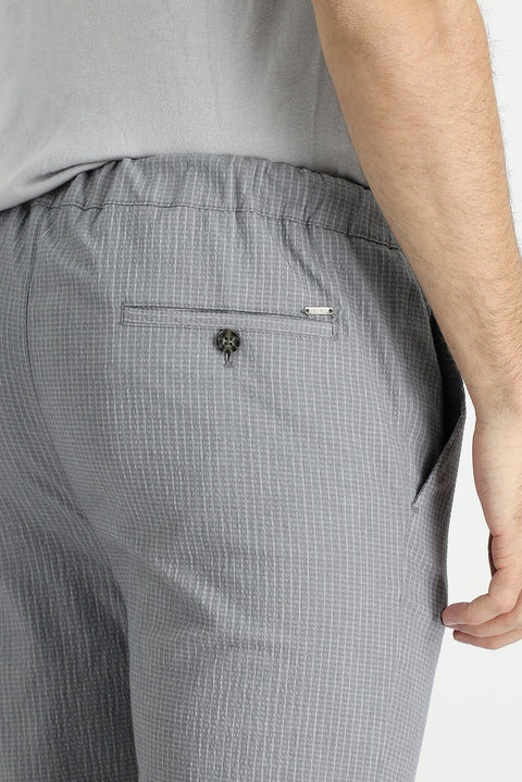 Medium Grey 7 Drop Slim Fit Narrow Cut Elastic Waist Drawstring Striped Lycra Classic Fabric Trousers