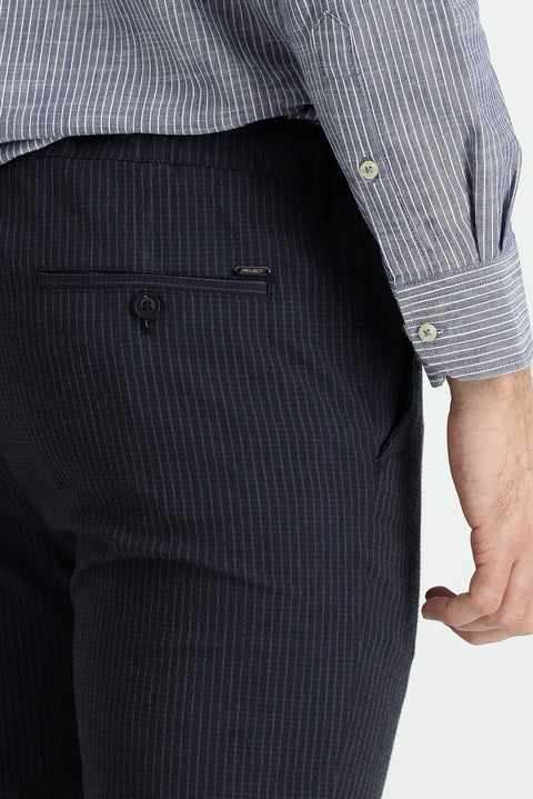Koyu Lacivert 7 Drop Slim Fit Dar Kesim Beli Lastikli İpli Çizgili Likralı Klasik Kumaş Pantolon