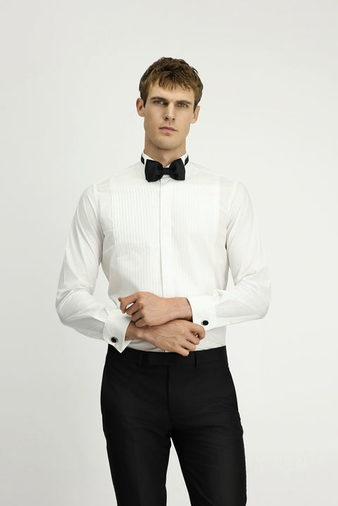 Beyaz Ata Yaka Slim Fit Dar Kesim Piliseli Pamuk Gömlek