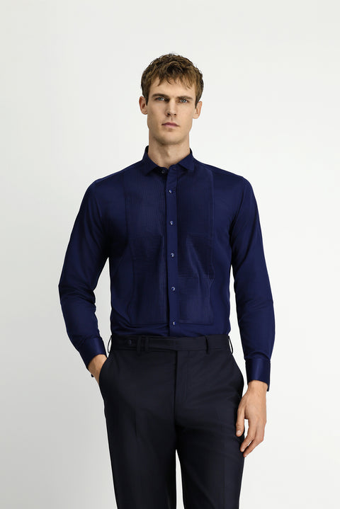 Koyu Lacivert Ata Yaka Saten Slim Fit Dar Kesim Piliseli Pamuklu Kolay Ütülenebilir Gömlek