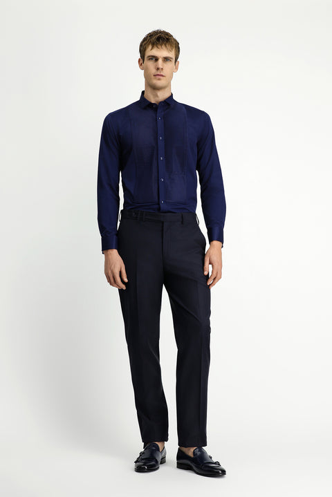Koyu Lacivert Ata Yaka Saten Slim Fit Dar Kesim Piliseli Pamuklu Kolay Ütülenebilir Gömlek