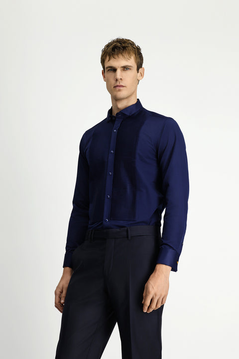 Koyu Lacivert Ata Yaka Saten Slim Fit Dar Kesim Piliseli Pamuklu Kolay Ütülenebilir Gömlek