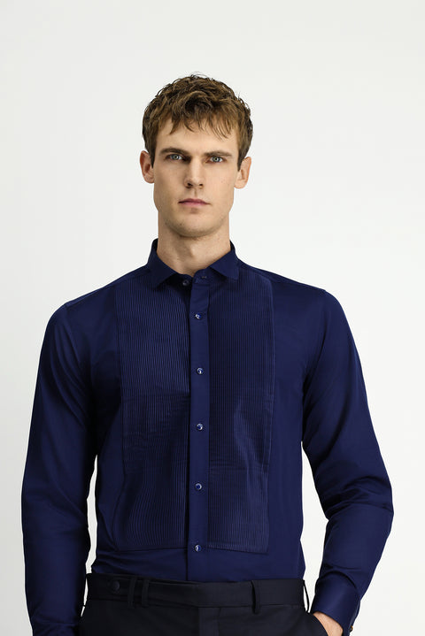 Koyu Lacivert Ata Yaka Saten Slim Fit Dar Kesim Piliseli Pamuklu Kolay Ütülenebilir Gömlek