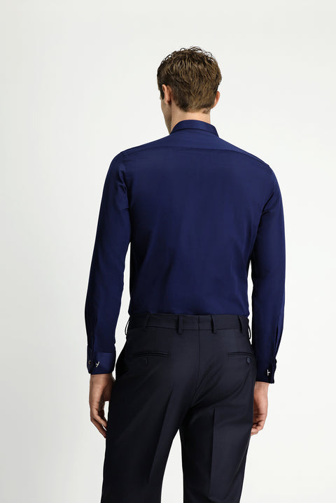 Koyu Lacivert Ata Yaka Saten Slim Fit Dar Kesim Piliseli Pamuklu Kolay Ütülenebilir Gömlek