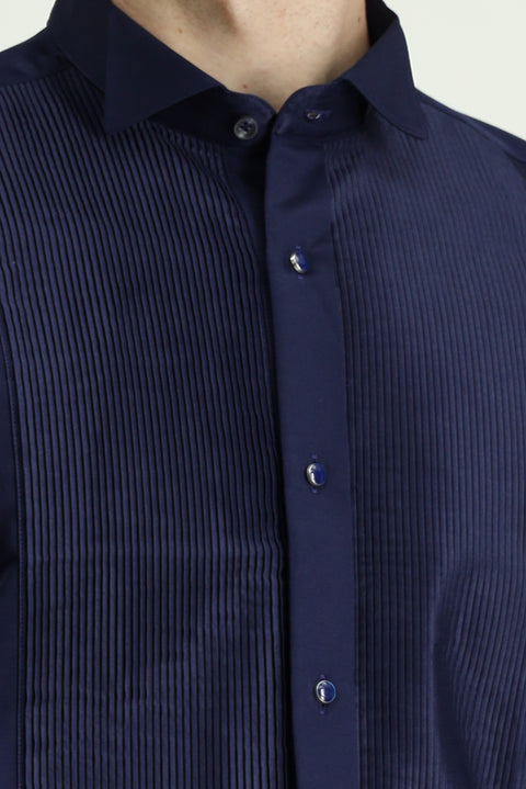 Koyu Lacivert Ata Yaka Saten Slim Fit Dar Kesim Piliseli Pamuklu Kolay Ütülenebilir Gömlek