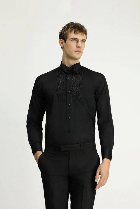 Siyah Ata Yaka Slim Fit Dar Kesim Taşlı Pamuklu Kolay Ütülenebilir Gömlek