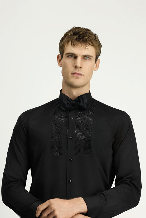 Siyah Ata Yaka Slim Fit Dar Kesim Taşlı Pamuklu Kolay Ütülenebilir Gömlek
