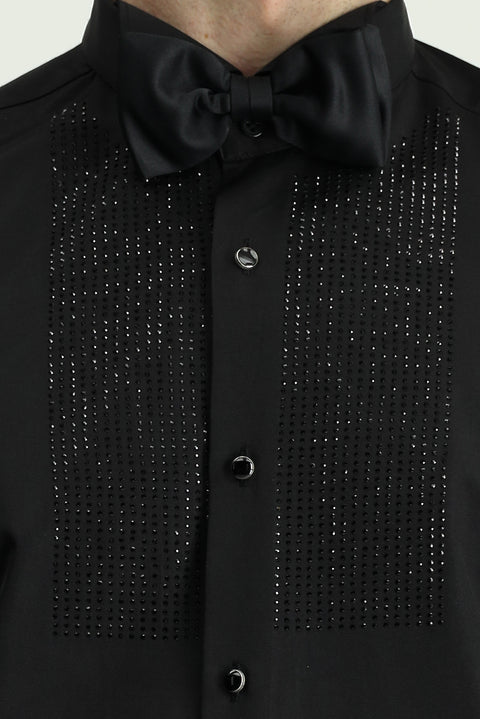 Siyah Ata Yaka Slim Fit Dar Kesim Taşlı Pamuklu Kolay Ütülenebilir Gömlek
