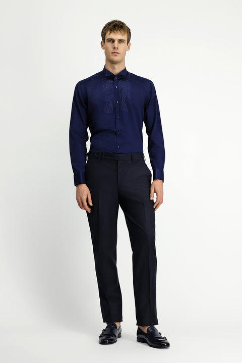 Koyu Lacivert Ata Yaka Slim Fit Dar Kesim Taşlı Pamuklu Kolay Ütülenebilir Gömlek