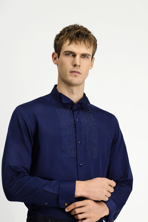 Koyu Lacivert Ata Yaka Slim Fit Dar Kesim Taşlı Pamuklu Kolay Ütülenebilir Gömlek