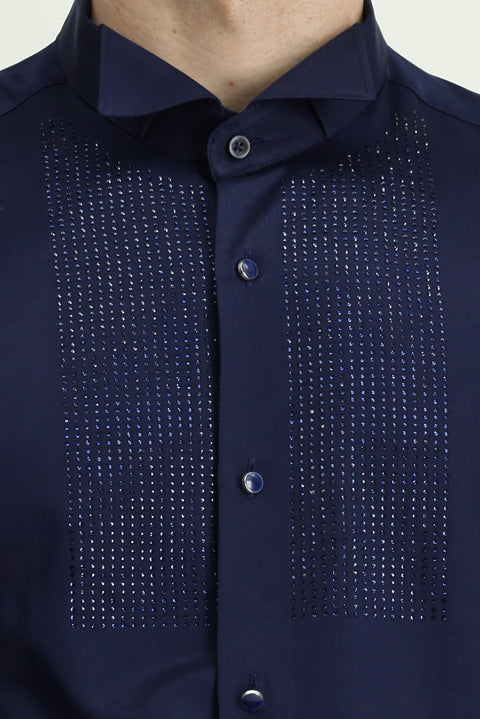 Koyu Lacivert Ata Yaka Slim Fit Dar Kesim Taşlı Pamuklu Kolay Ütülenebilir Gömlek