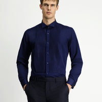 Dark Navy Blue Stand Collar Slim Fit Narrow Cut Pleated Satin Cotton Easy Iron Shirt