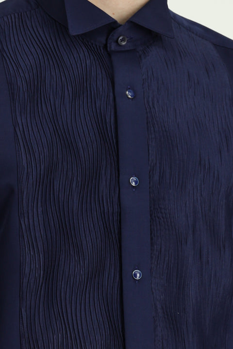 Dark Navy Blue Stand Collar Slim Fit Narrow Cut Pleated Satin Cotton Easy Iron Shirt