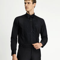 Siyah Ata Yaka Desenli Slim Fit Dar Kesim Pamuklu Kolay Ütülenebilir Gömlek