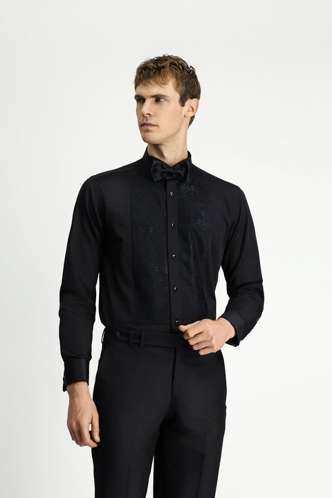Siyah Ata Yaka Desenli Slim Fit Dar Kesim Pamuklu Kolay Ütülenebilir Gömlek