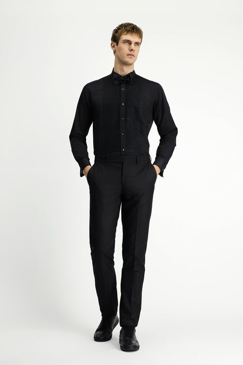 Siyah Ata Yaka Desenli Slim Fit Dar Kesim Pamuklu Kolay Ütülenebilir Gömlek