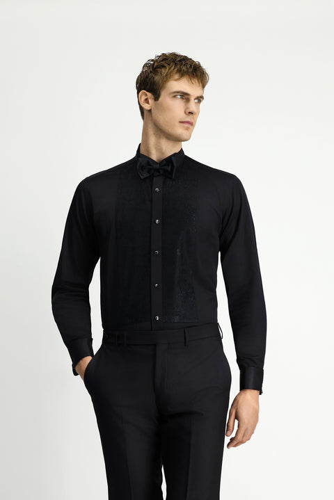 Siyah Ata Yaka Desenli Slim Fit Dar Kesim Pamuklu Kolay Ütülenebilir Gömlek