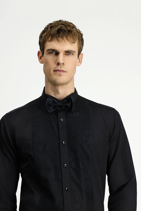 Siyah Ata Yaka Desenli Slim Fit Dar Kesim Pamuklu Kolay Ütülenebilir Gömlek