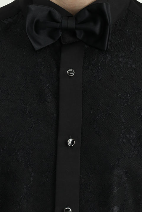 Siyah Ata Yaka Desenli Slim Fit Dar Kesim Pamuklu Kolay Ütülenebilir Gömlek