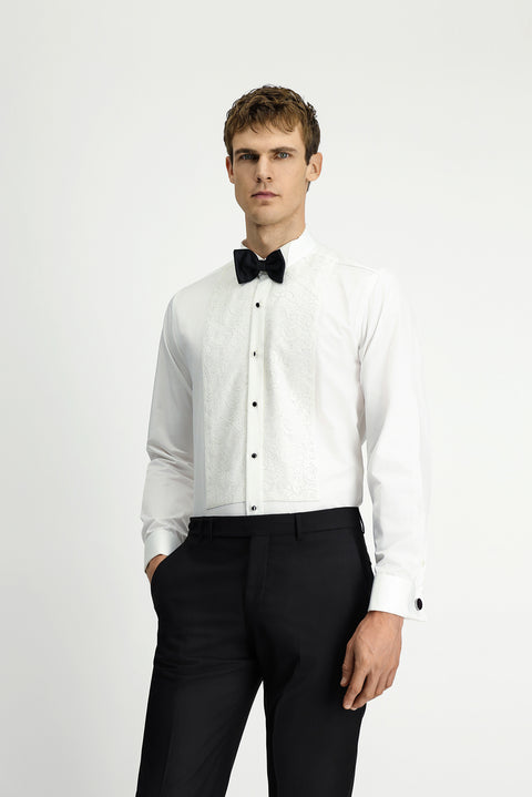 Beyaz Ata Yaka Desenli Slim Fit Dar Kesim Pamuklu Kolay Ütülenebilir Gömlek