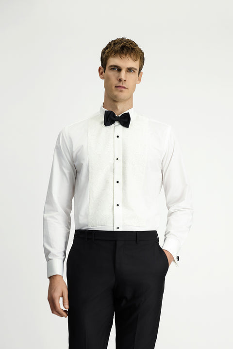 Beyaz Ata Yaka Desenli Slim Fit Dar Kesim Pamuklu Kolay Ütülenebilir Gömlek