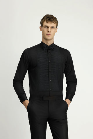  Siyah Ata Yaka Slim Fit Dar Kesim Desenli Saten Pamuklu Kolay Ütülenebilir Gömlek