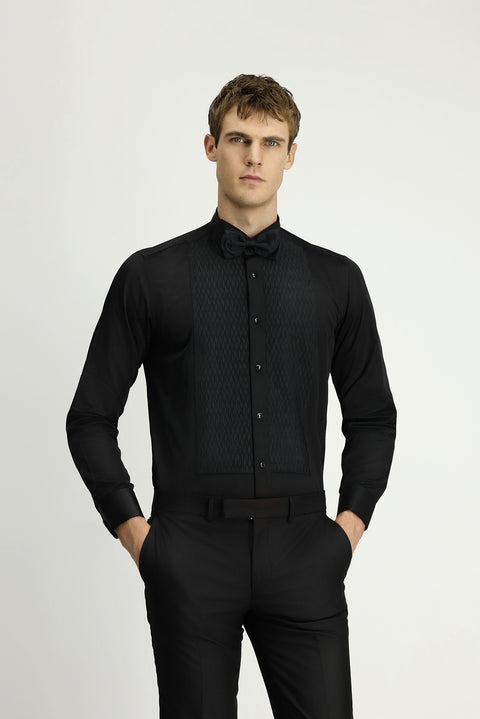 Siyah Ata Yaka Slim Fit Dar Kesim Desenli Saten Pamuklu Kolay Ütülenebilir Gömlek