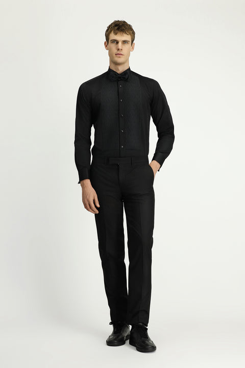 Siyah Ata Yaka Slim Fit Dar Kesim Desenli Saten Pamuklu Kolay Ütülenebilir Gömlek