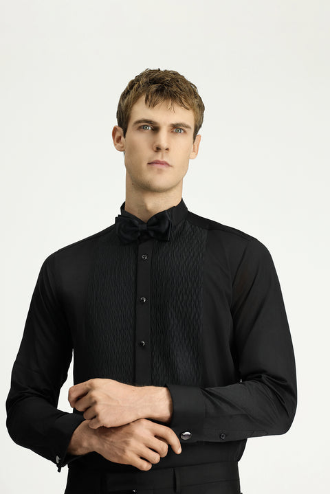 Siyah Ata Yaka Slim Fit Dar Kesim Desenli Saten Pamuklu Kolay Ütülenebilir Gömlek