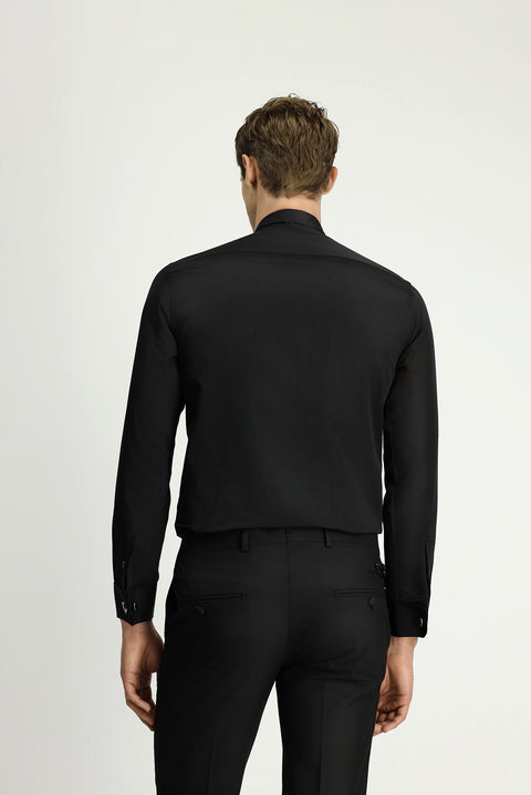 Siyah Ata Yaka Slim Fit Dar Kesim Desenli Saten Pamuklu Kolay Ütülenebilir Gömlek