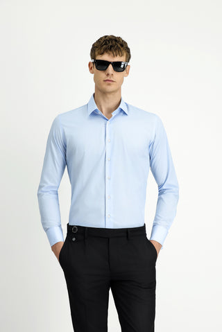  Açık Mavi Uzun Kol Slim Fit Dar Kesim Klasik Manşetli Pamuk Gömlek