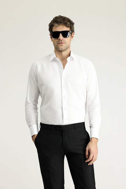Beyaz Uzun Kol Slim Fit Dar Kesim Klasik Manşetli Pamuk Gömlek
