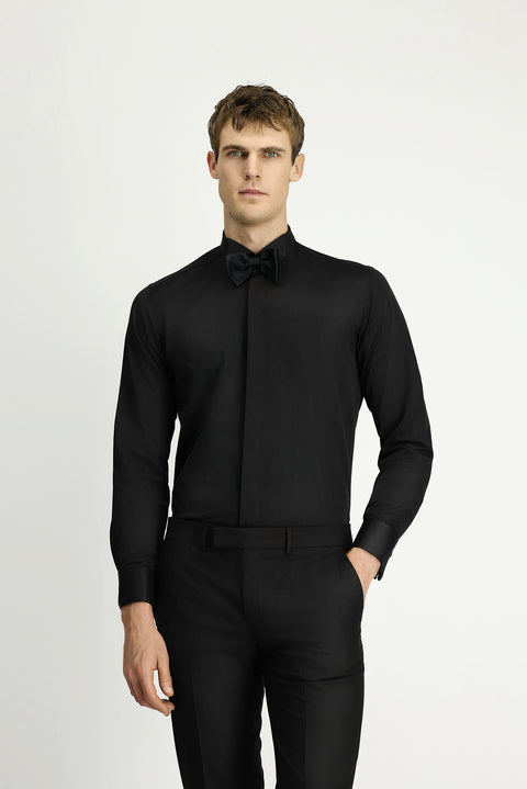 Siyah Ata Yaka Slim Fit Dar Kesim Klasik Katlı Manşet Nano Care Su İtici Leke Tutmaz 4 Mevsim Pamuk Gömlek