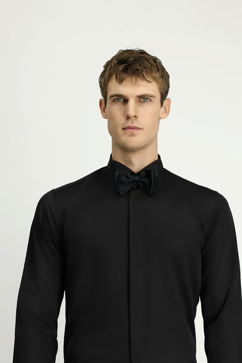 Siyah Ata Yaka Slim Fit Dar Kesim Klasik Katlı Manşet Nano Care Su İtici Leke Tutmaz 4 Mevsim Pamuk Gömlek