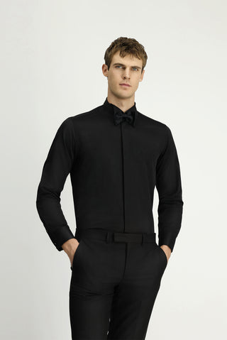  Siyah Ata Yaka Slim Fit Dar Kesim Klasik Katlı Manşet Nano Care Su İtici Leke Tutmaz 4 Mevsim Pamuk Gömlek