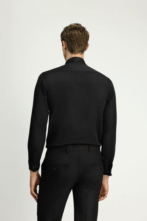 Siyah Ata Yaka Slim Fit Dar Kesim Klasik Katlı Manşet Nano Care Su İtici Leke Tutmaz 4 Mevsim Pamuk Gömlek