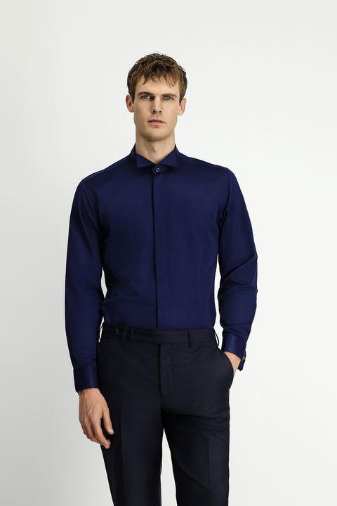 Koyu Lacivert Ata Yaka Slim Fit Dar Kesim Klasik Katlı Manşet Nano Care Su İtici Leke Tutmaz 4 Mevsim Pamuk Gömlek