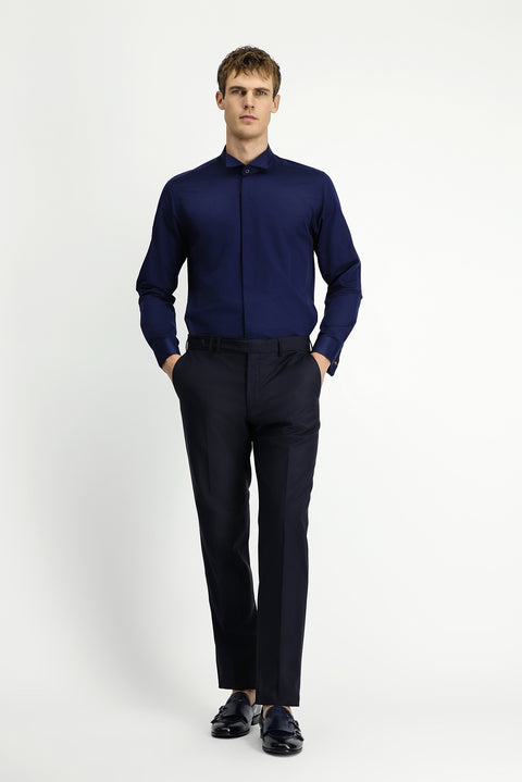 Koyu Lacivert Ata Yaka Slim Fit Dar Kesim Klasik Katlı Manşet Su İtici Leke Tutmaz 4 Mevsim Pamuk Gömlek