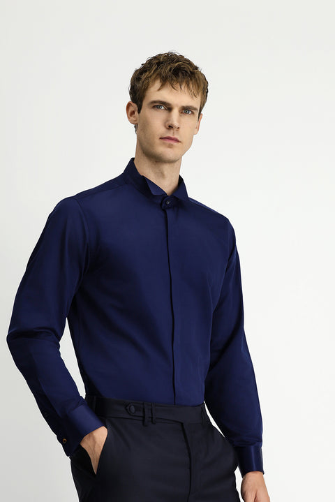 Koyu Lacivert Ata Yaka Slim Fit Dar Kesim Klasik Katlı Manşet Su İtici Leke Tutmaz 4 Mevsim Pamuk Gömlek