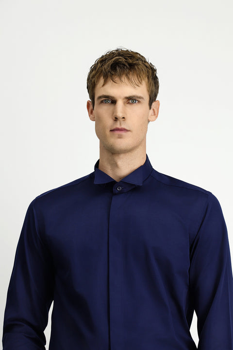 Koyu Lacivert Ata Yaka Slim Fit Dar Kesim Klasik Katlı Manşet Su İtici Leke Tutmaz 4 Mevsim Pamuk Gömlek