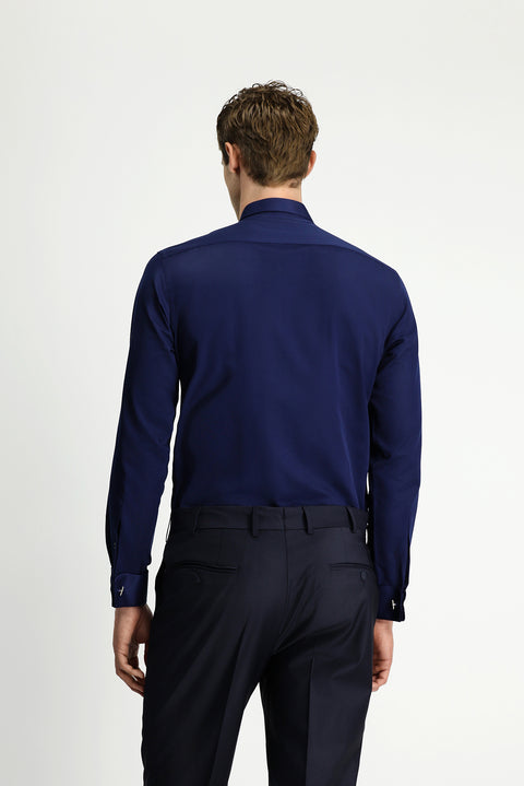 Koyu Lacivert Ata Yaka Slim Fit Dar Kesim Klasik Katlı Manşet Su İtici Leke Tutmaz 4 Mevsim Pamuk Gömlek